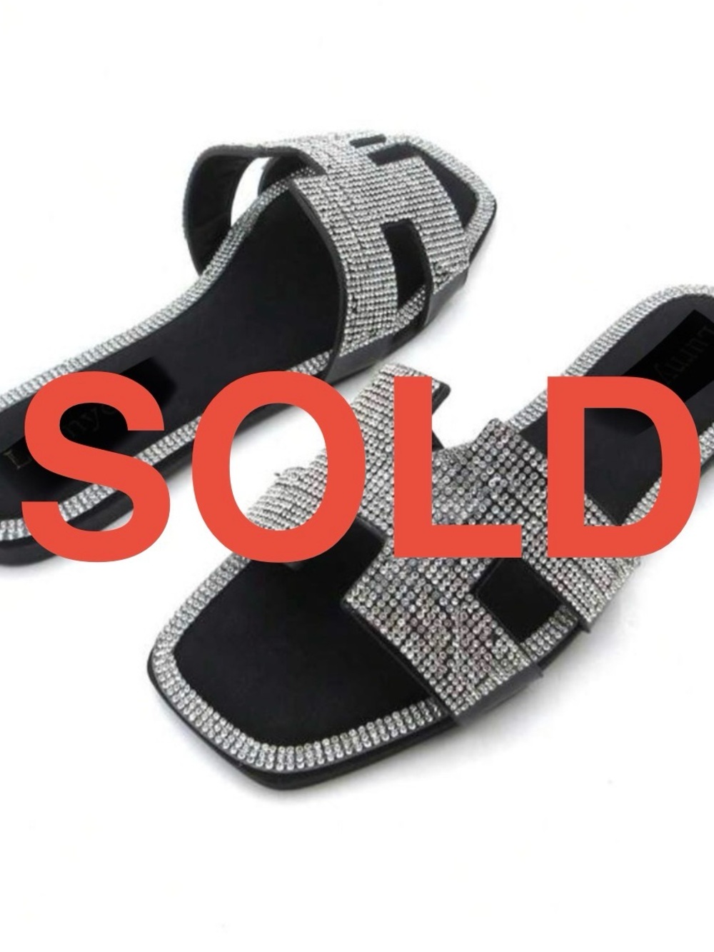 🔵H- ROUGE Black Slide Sandals with Rhinestone Trim